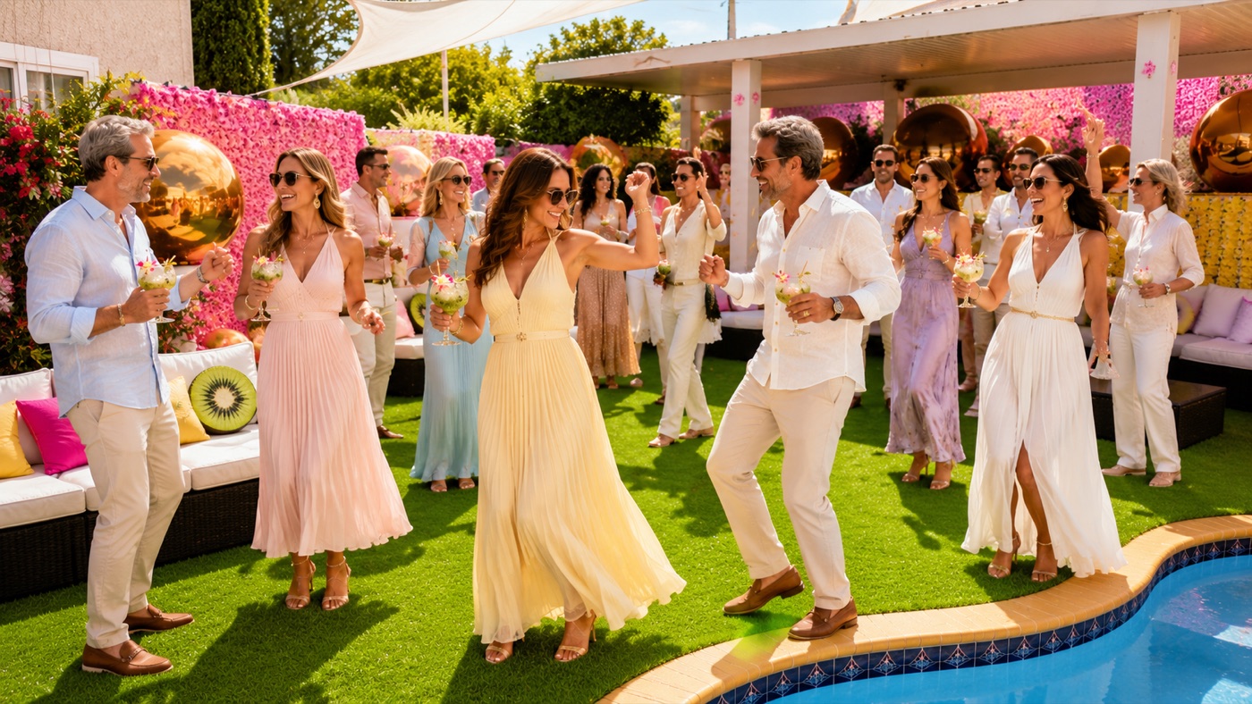 Guests dancing at a Lux Island pool party
